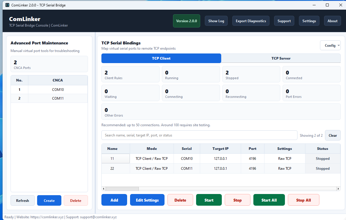 ComLinker dashboard showing TCP serial bindings and virtual COM ports
